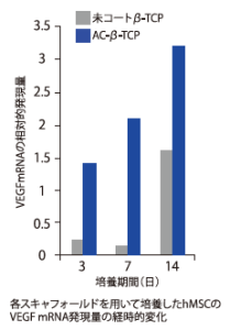 各スキャフォールドを用いて培養したhMSCのVEGF mRNA発現量の経時的変化